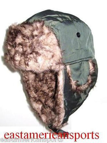 Trooper Bomber Olive Green Faux Hat Winter Ski Cap Fur Hunting Hiking Motorcycle