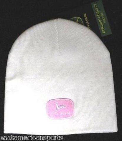 John Deere Hat Cap White Pink Logo Womens Girls No Cuff Winter Knit Snow Beanie