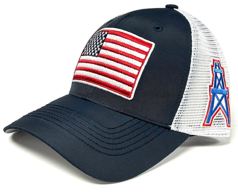 Houston Oilers NFL OHT Vintage USA Flag Hat Cap Blue White Mesh Men's Snapback