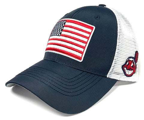 Cleveland Indians MLB OHT Vintage USA Flag Hat Cap Blue White Mesh Men's Snapback