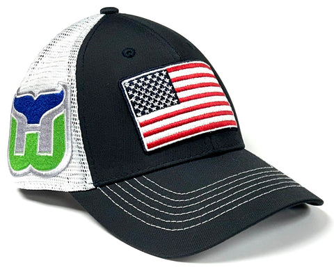 Hartford Whalers NHL OHT Vintage USA Flag Hat Cap Blue White Mesh Men's Snapback