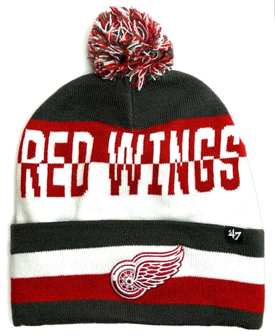 Detroit Red Wings NHL '47 Split Text Red Charcoal Pom Knit Hat Cap Adult Winter Beanie