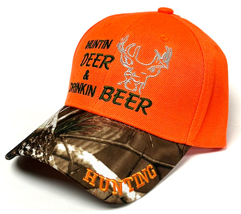 Hunting Deer & Drinking Beer Two Tone Camo Camouflage Bill Blaze Orange Hat Cap Hunter Adult Men's Adjustable