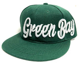 Green Bay City Fully Embroidered Hat Cap Solid Script Flat Brim Men's Snapback