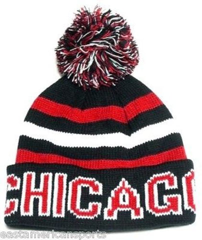 Chicago Blackhawks Classic Black POM Ball Knit Hat Cap Stripe Text Winter Beanie