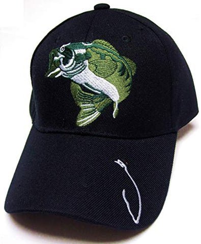 Largemouth Bass Fishing Fish Hook Black Hat Cap Adult Men's Adjustable