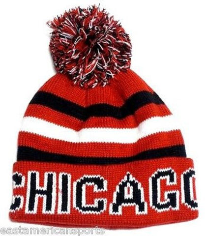 Chicago Blackhawks Classic Red POM Ball Knit Hat Cap Striped Text Winter Beanie