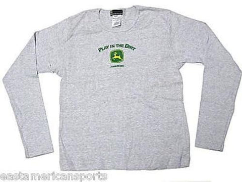 John Deere Play In The Dirt Gray Long Sleeve Shirt Top Green Logo Youth Girls L