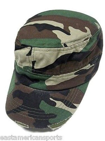 Camouflage Camo Distressed Woodland Cadet Flat Top Hat Cap Hunting Military Army