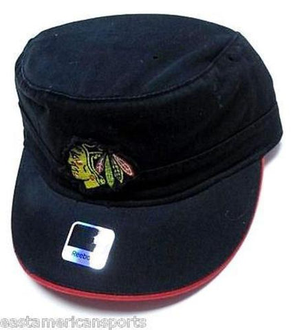 Chicago Blackhawks NHL Reebok Black Military Cadet Flat Top Hat Cap Patch Logo