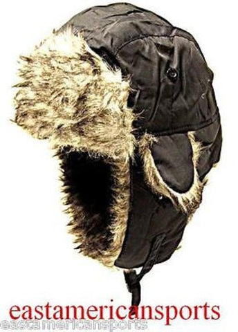 Trooper Bomber Black Faux Hat Winter Ski Cap Fur Hunting Hiking Motorcycle