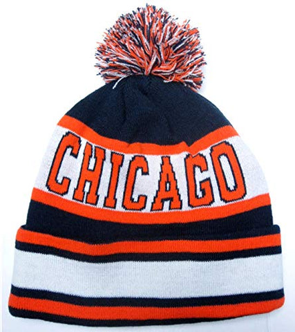 Chicago Navy Blue/White Classic Cuffed POM Ball Knit Hat Cap Winter Ski Beanie Adult